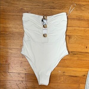 Zara White One Piece Swimsuit with Gold Accents